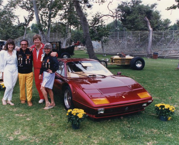 George and Shirley Barris with Steve and Emily Goldfield beside Steve’s custom red Ferrari Boxer