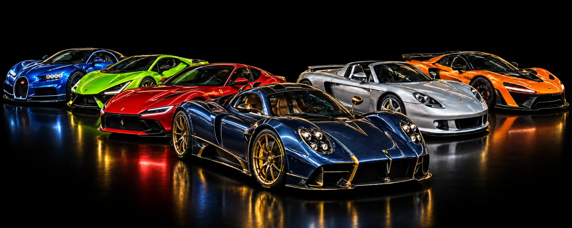 Zuma hypercar lineup featuring a Pagani Utopia, red Ferrari 12Cilindri, Bugatti Chiron, Lamborghini Revuelto, Porsche Carrera GT and McLaren W1